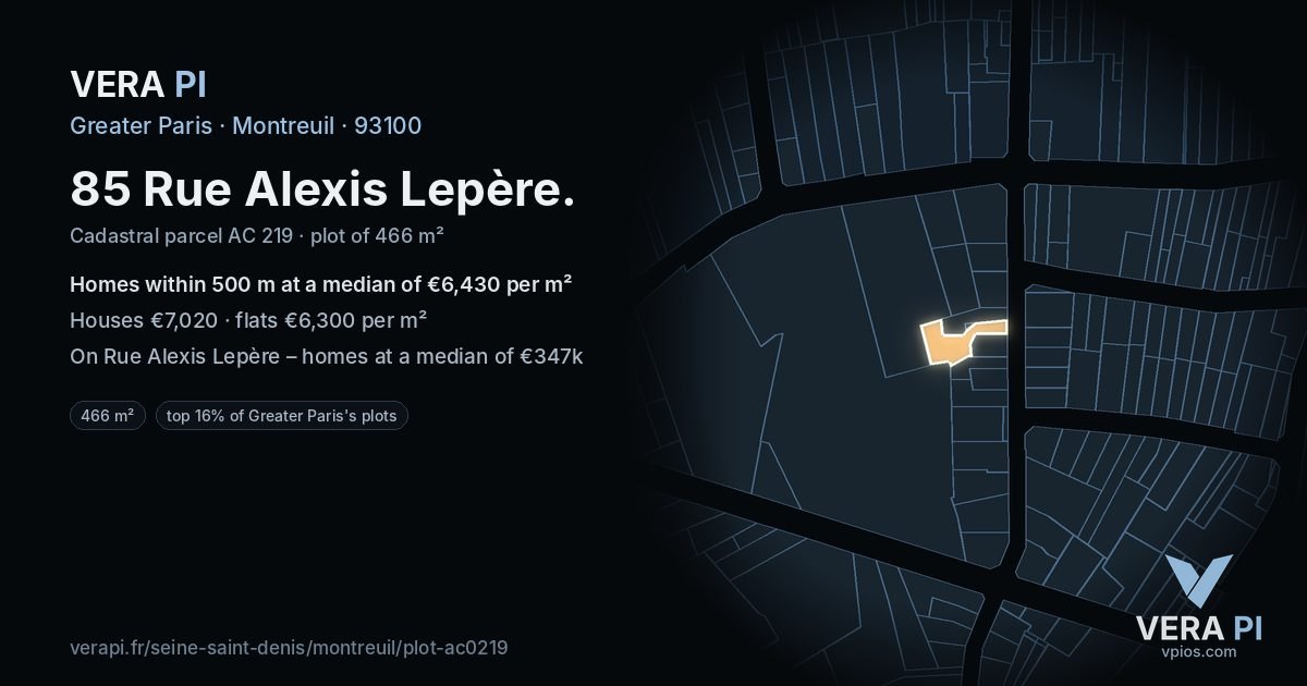 85 Rue Alexis Lepère, Montreuil at night – the plot lit, the parcels around coloured by the prices near them