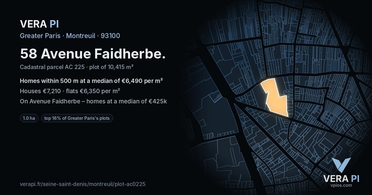 58 Avenue Faidherbe, Montreuil at night – the plot lit, the parcels around coloured by the prices near them