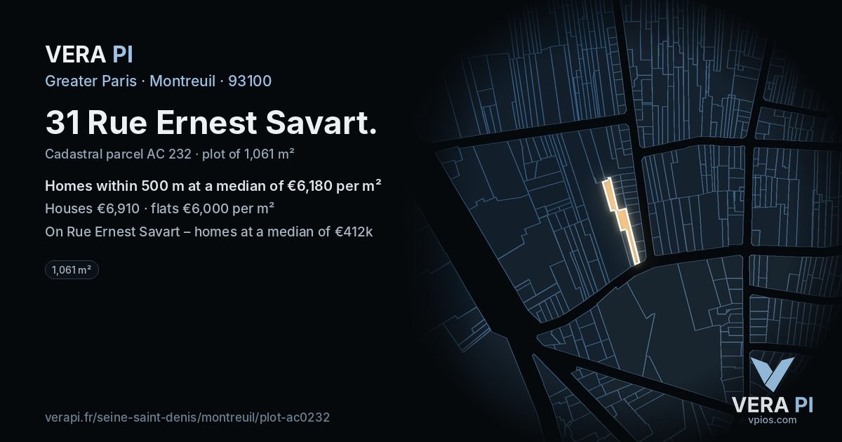31 Rue Ernest Savart, Montreuil at night – the plot lit, the parcels around coloured by the prices near them