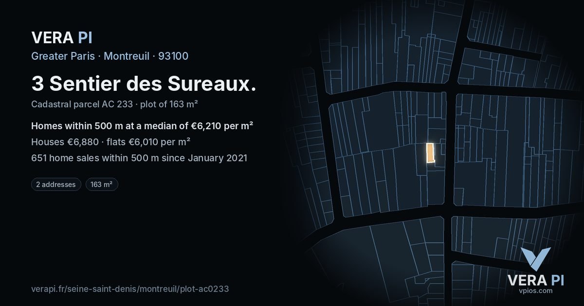 3 Sentier des Sureaux, Montreuil at night – the plot lit, the parcels around coloured by the prices near them
