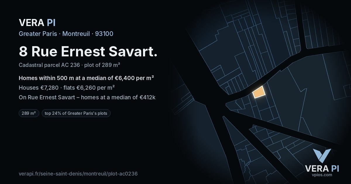 8 Rue Ernest Savart, Montreuil at night – the plot lit, the parcels around coloured by the prices near them