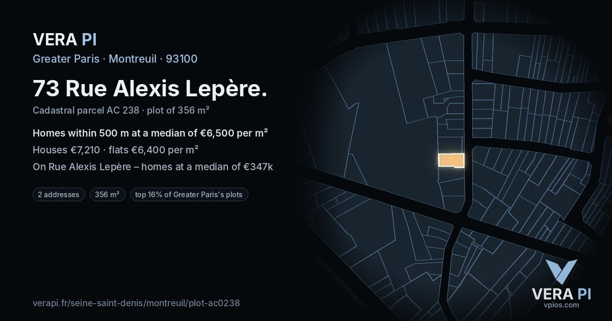 73 Rue Alexis Lepère, Montreuil at night – the plot lit, the parcels around coloured by the prices near them