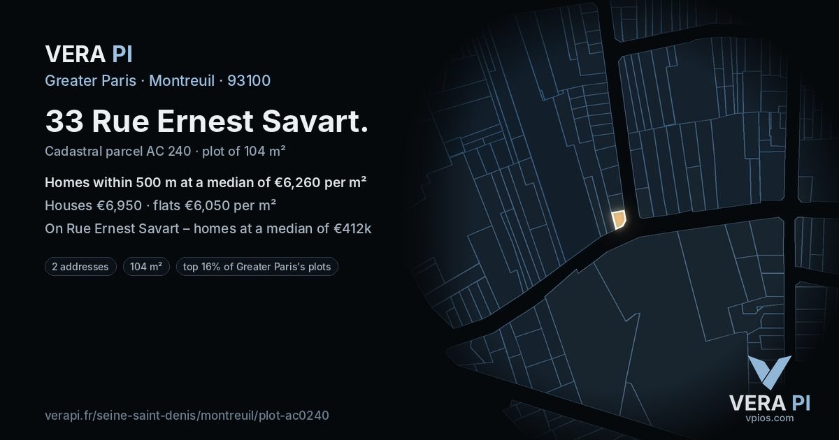 33 Rue Ernest Savart, Montreuil at night – the plot lit, the parcels around coloured by the prices near them