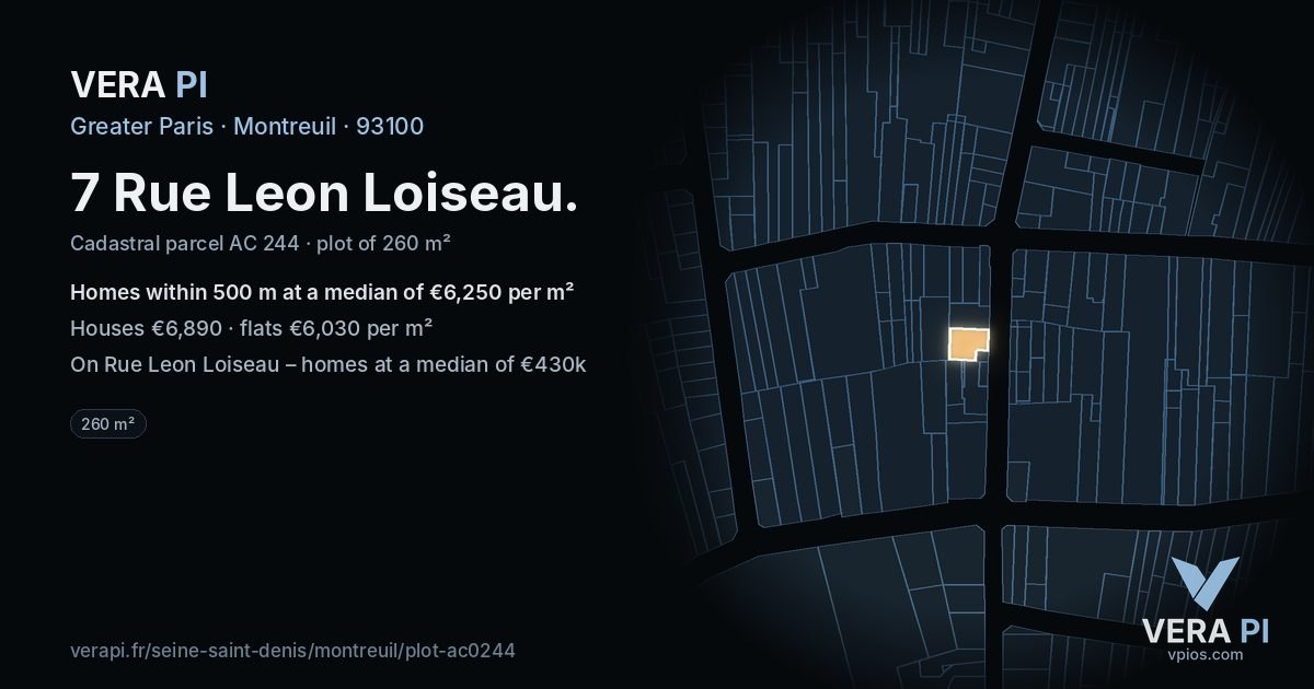 7 Rue Leon Loiseau, Montreuil at night – the plot lit, the parcels around coloured by the prices near them