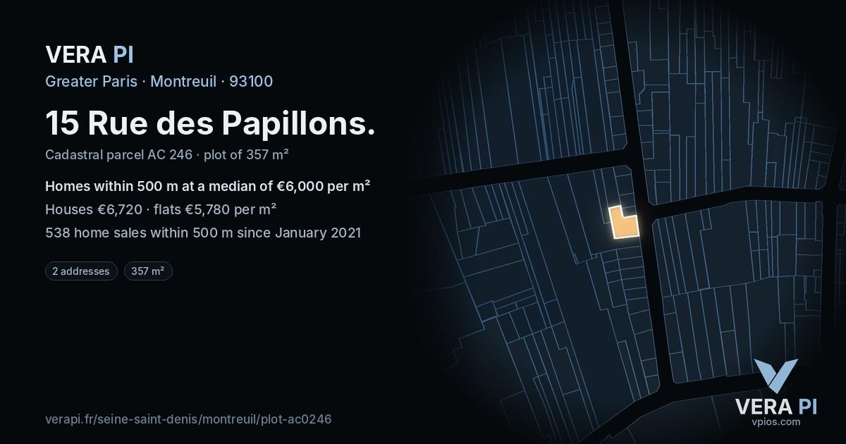 15 Rue des Papillons, Montreuil at night – the plot lit, the parcels around coloured by the prices near them