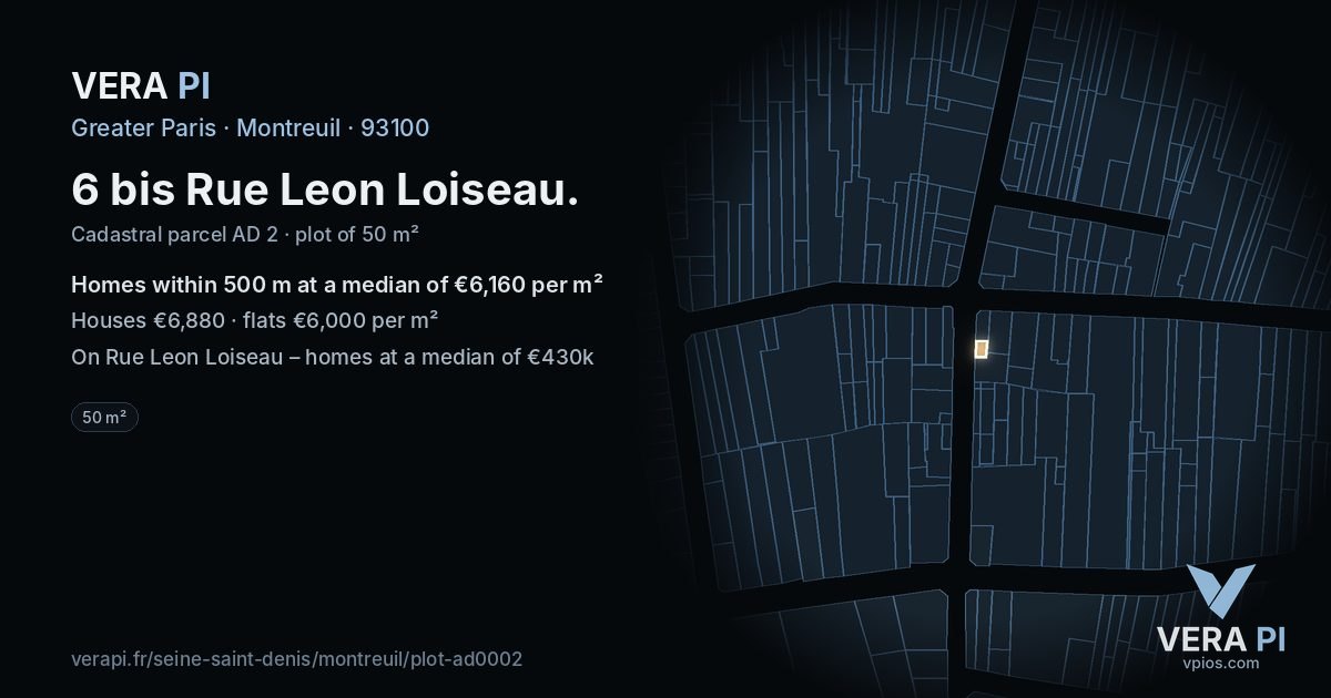 6 bis Rue Leon Loiseau, Montreuil at night – the plot lit, the parcels around coloured by the prices near them