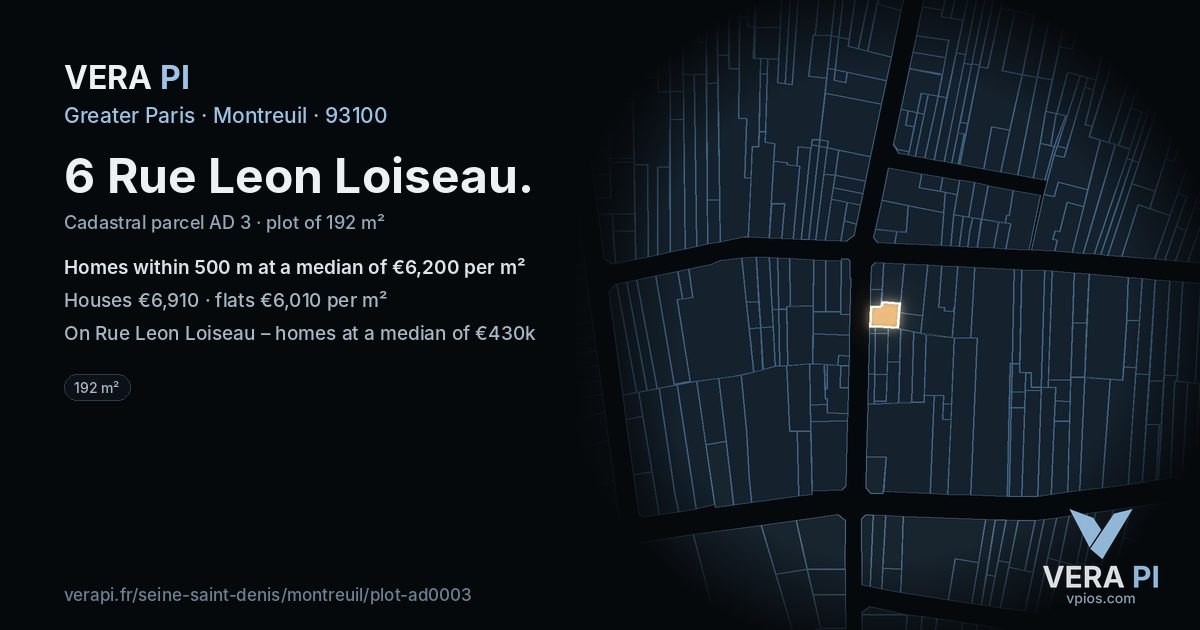 6 Rue Leon Loiseau, Montreuil at night – the plot lit, the parcels around coloured by the prices near them