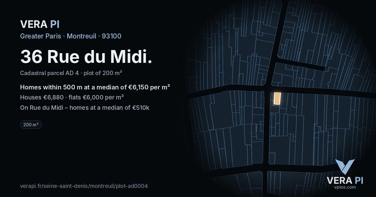 36 Rue du Midi, Montreuil at night – the plot lit, the parcels around coloured by the prices near them