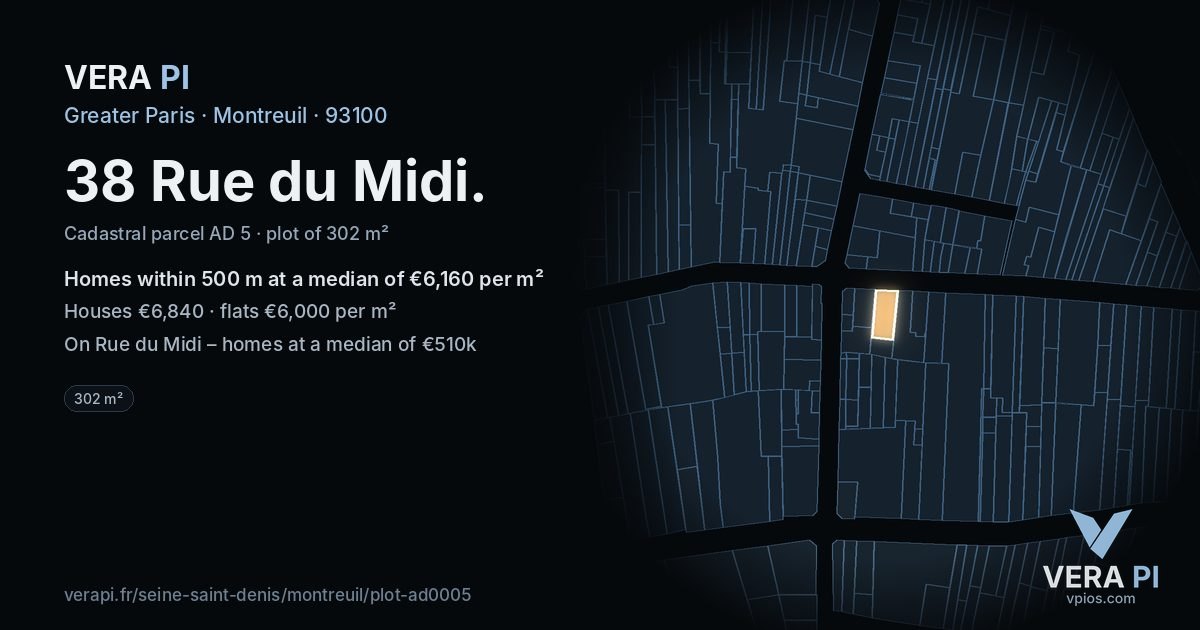 38 Rue du Midi, Montreuil at night – the plot lit, the parcels around coloured by the prices near them