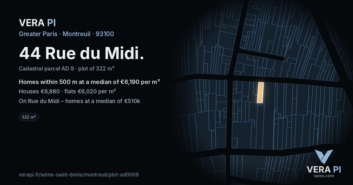 44 Rue du Midi, Montreuil at night – the plot lit, the parcels around coloured by the prices near them