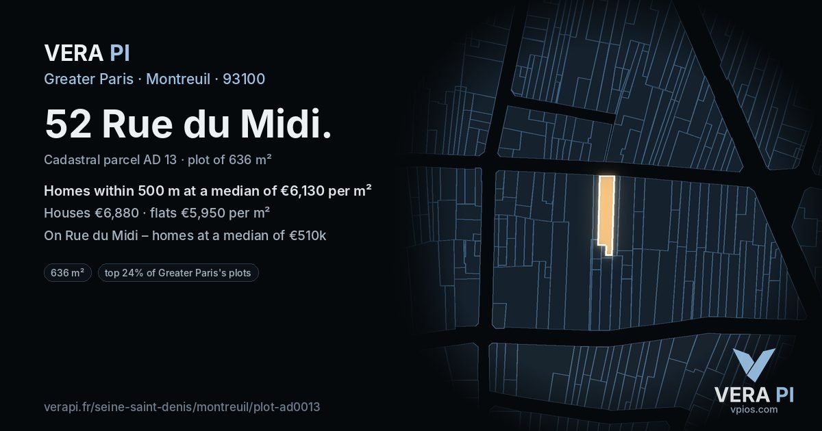 52 Rue du Midi, Montreuil at night – the plot lit, the parcels around coloured by the prices near them