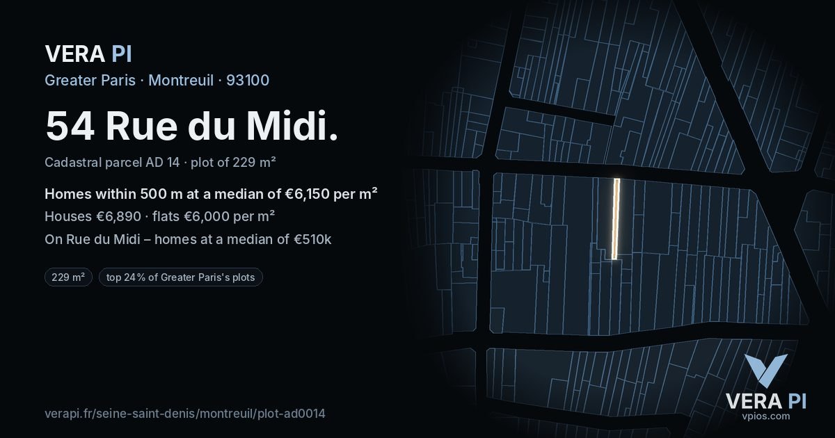 54 Rue du Midi, Montreuil at night – the plot lit, the parcels around coloured by the prices near them