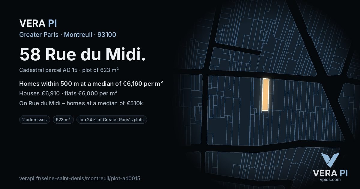 58 Rue du Midi, Montreuil at night – the plot lit, the parcels around coloured by the prices near them