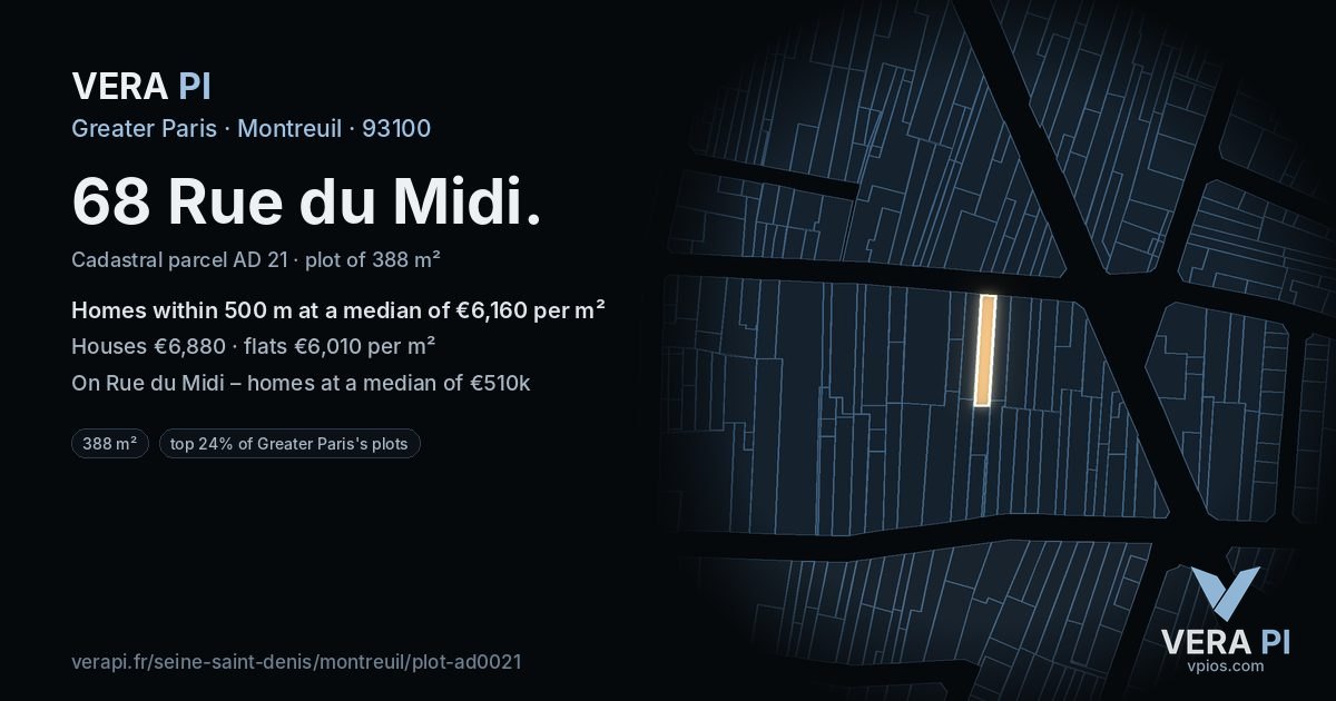 68 Rue du Midi, Montreuil at night – the plot lit, the parcels around coloured by the prices near them