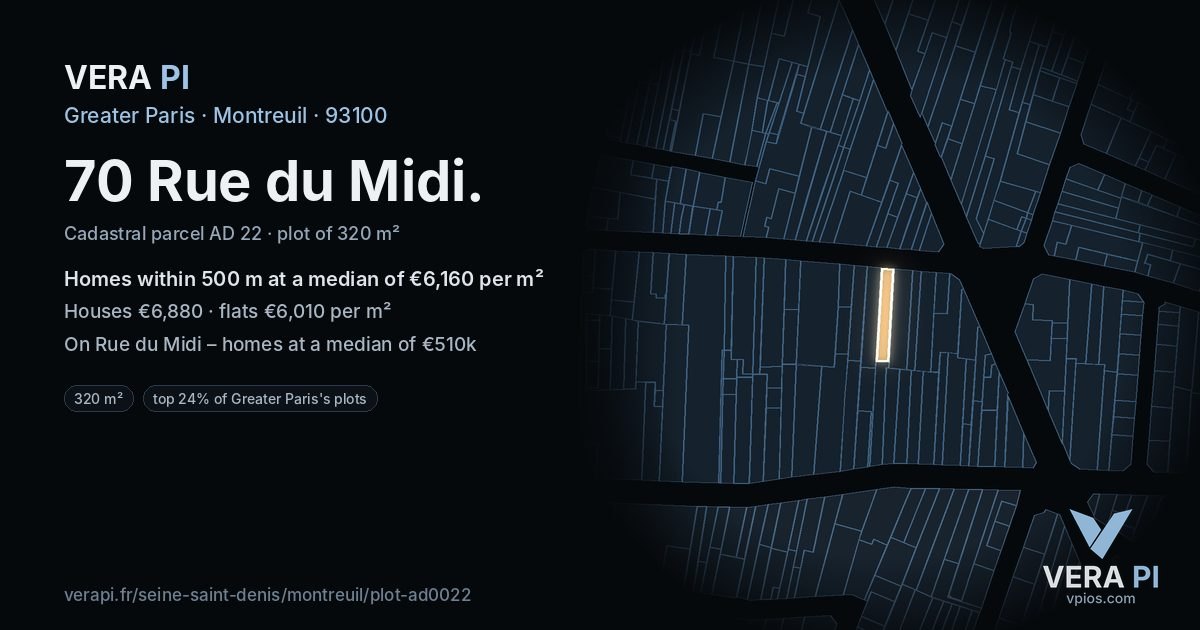 70 Rue du Midi, Montreuil at night – the plot lit, the parcels around coloured by the prices near them
