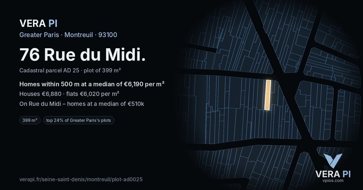 76 Rue du Midi, Montreuil at night – the plot lit, the parcels around coloured by the prices near them
