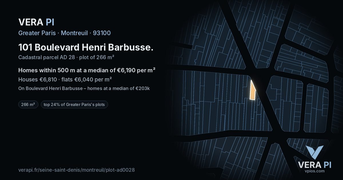 101 Boulevard Henri Barbusse, Montreuil at night – the plot lit, the parcels around coloured by the prices near them