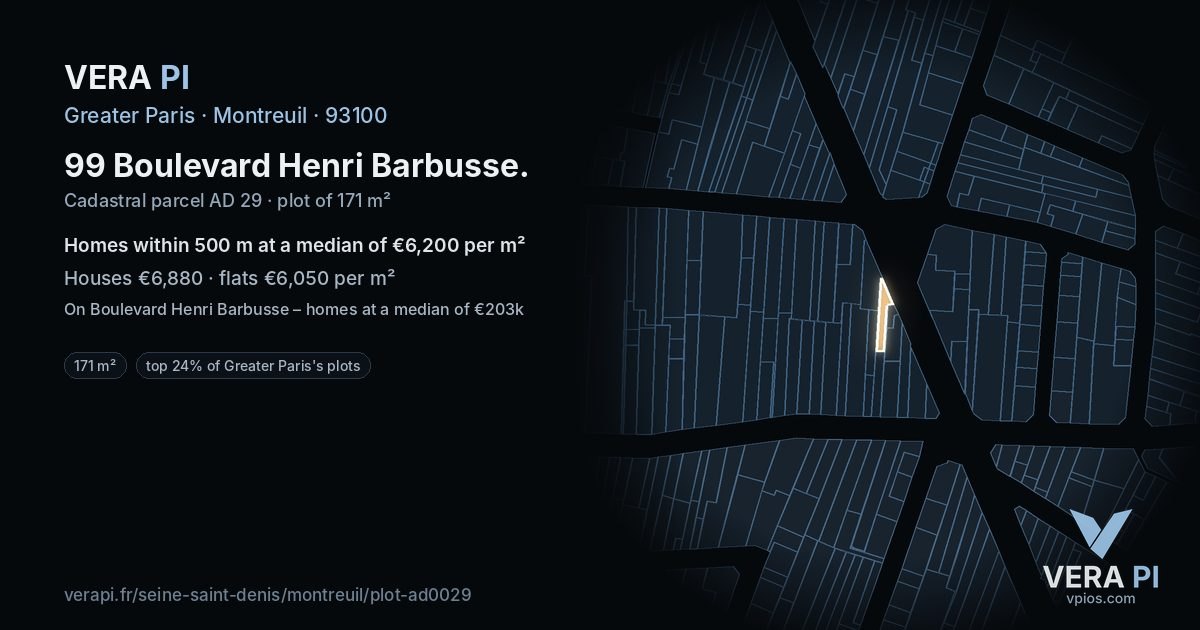 99 Boulevard Henri Barbusse, Montreuil at night – the plot lit, the parcels around coloured by the prices near them