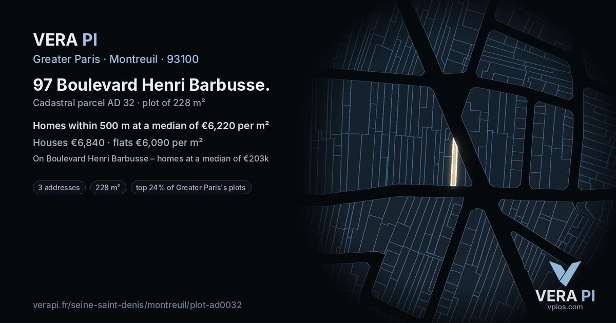 97 Boulevard Henri Barbusse, Montreuil at night – the plot lit, the parcels around coloured by the prices near them