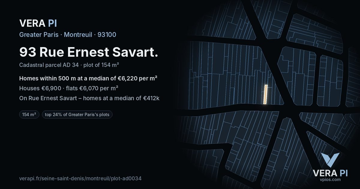 93 Rue Ernest Savart, Montreuil at night – the plot lit, the parcels around coloured by the prices near them