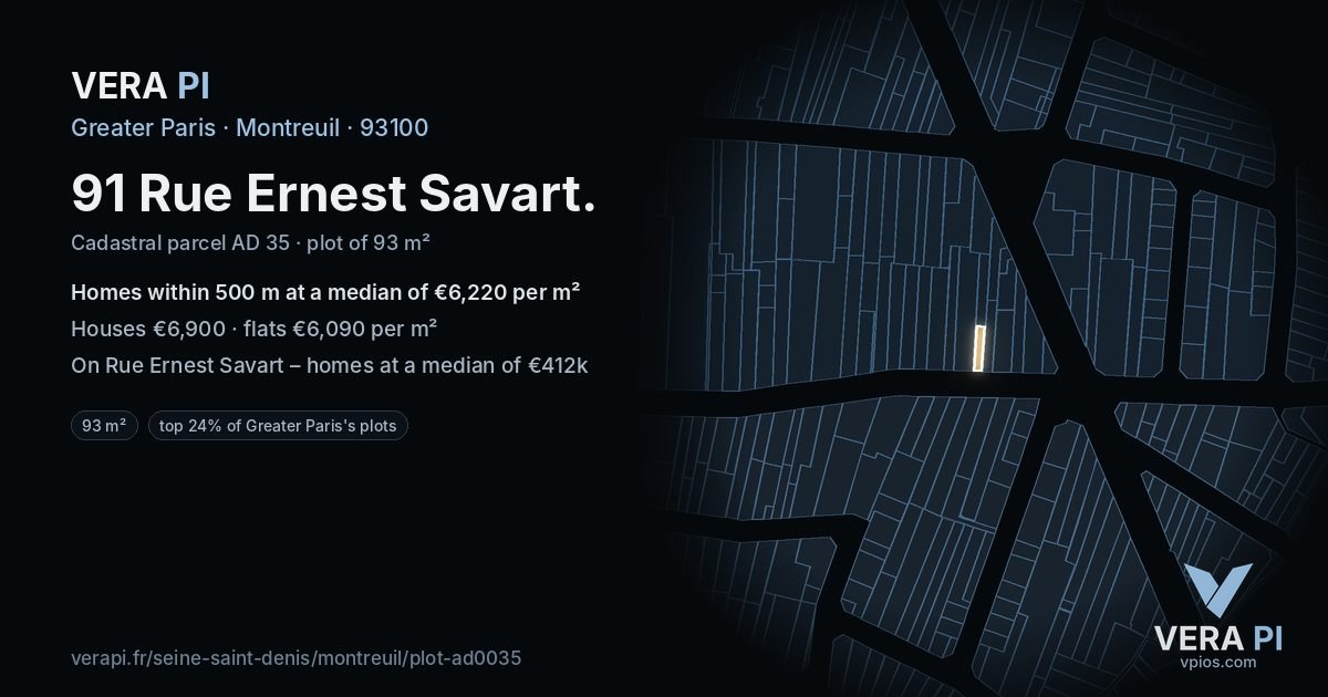 91 Rue Ernest Savart, Montreuil at night – the plot lit, the parcels around coloured by the prices near them