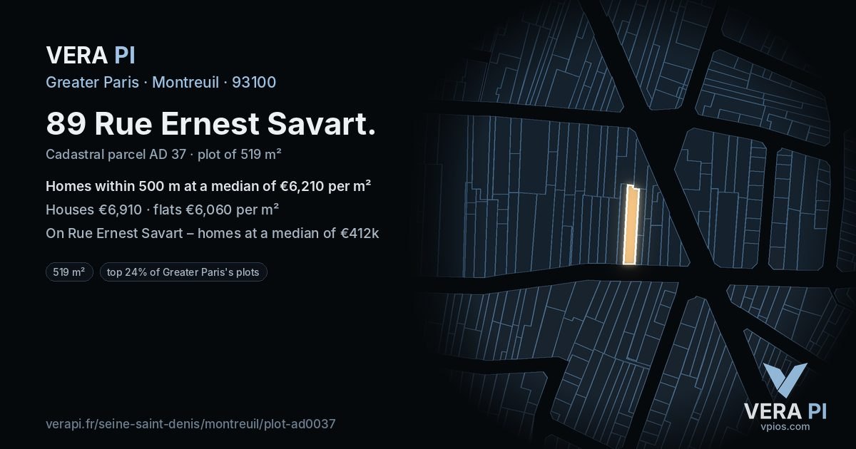 89 Rue Ernest Savart, Montreuil at night – the plot lit, the parcels around coloured by the prices near them