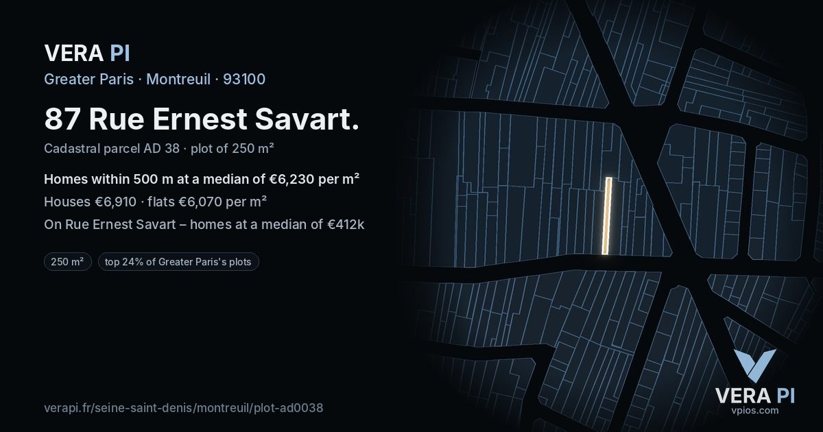 87 Rue Ernest Savart, Montreuil at night – the plot lit, the parcels around coloured by the prices near them