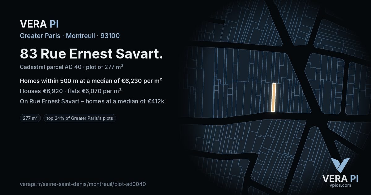 83 Rue Ernest Savart, Montreuil at night – the plot lit, the parcels around coloured by the prices near them