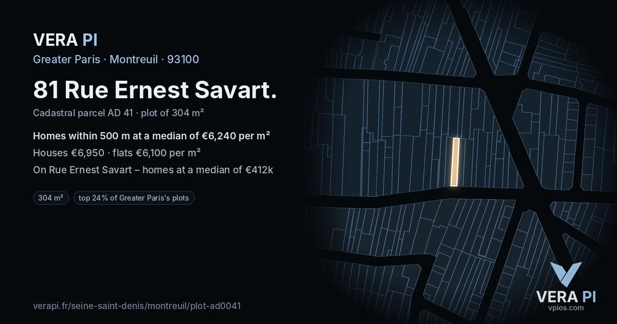 81 Rue Ernest Savart, Montreuil at night – the plot lit, the parcels around coloured by the prices near them