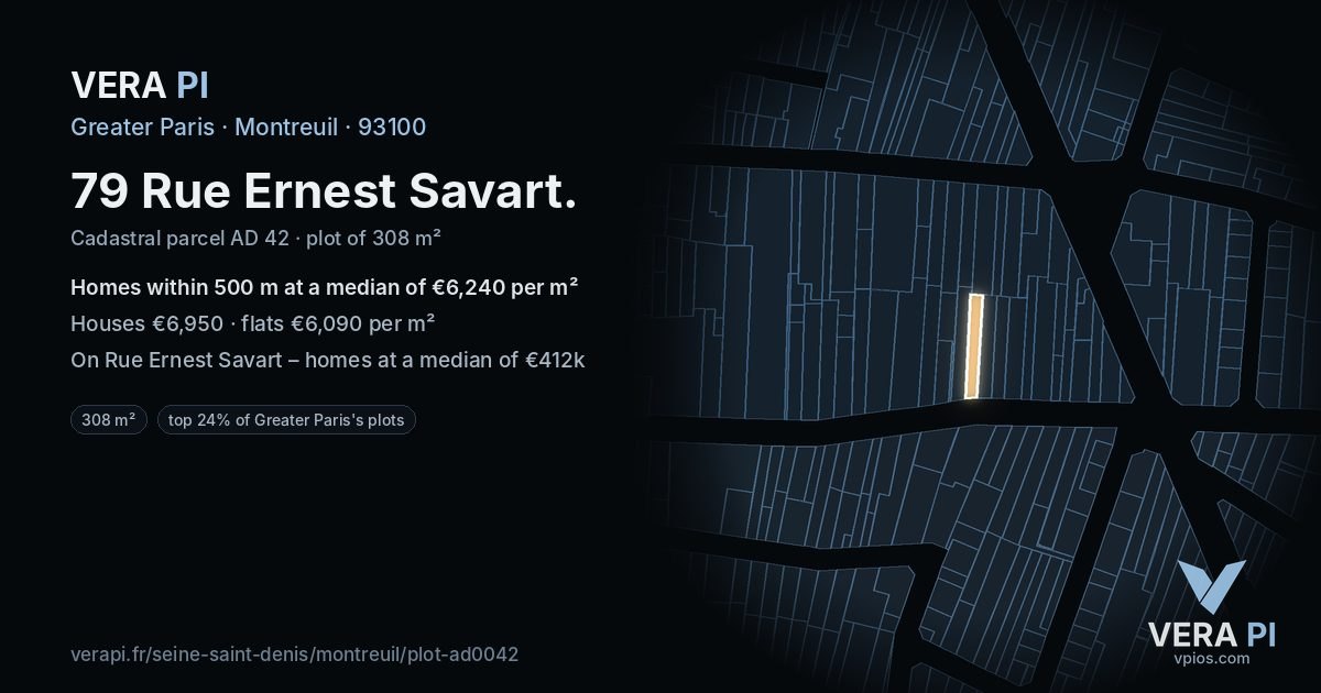 79 Rue Ernest Savart, Montreuil at night – the plot lit, the parcels around coloured by the prices near them