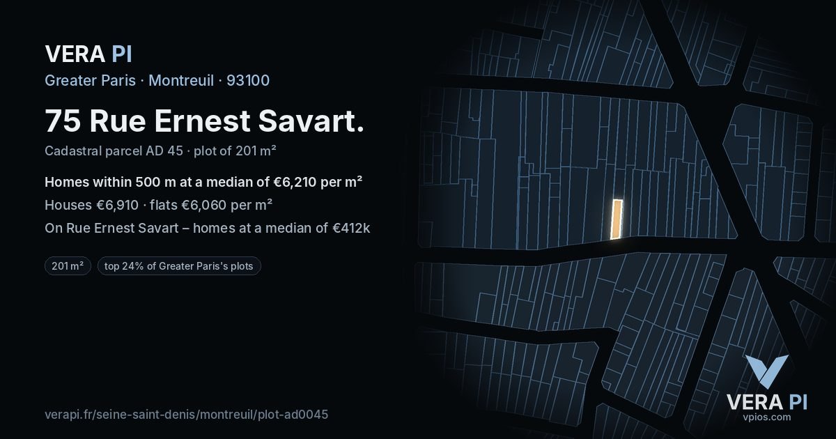75 Rue Ernest Savart, Montreuil at night – the plot lit, the parcels around coloured by the prices near them