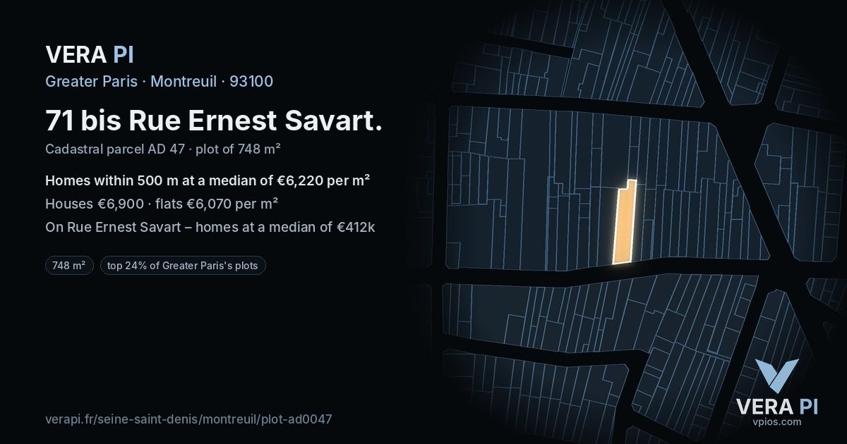 71 bis Rue Ernest Savart, Montreuil at night – the plot lit, the parcels around coloured by the prices near them