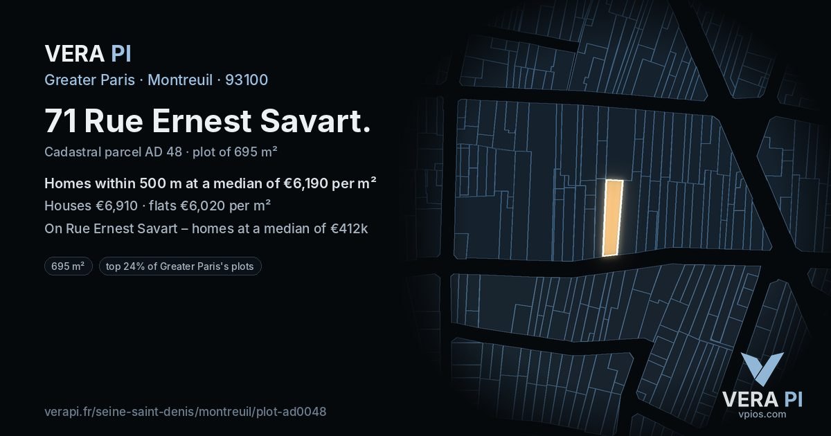 71 Rue Ernest Savart, Montreuil at night – the plot lit, the parcels around coloured by the prices near them