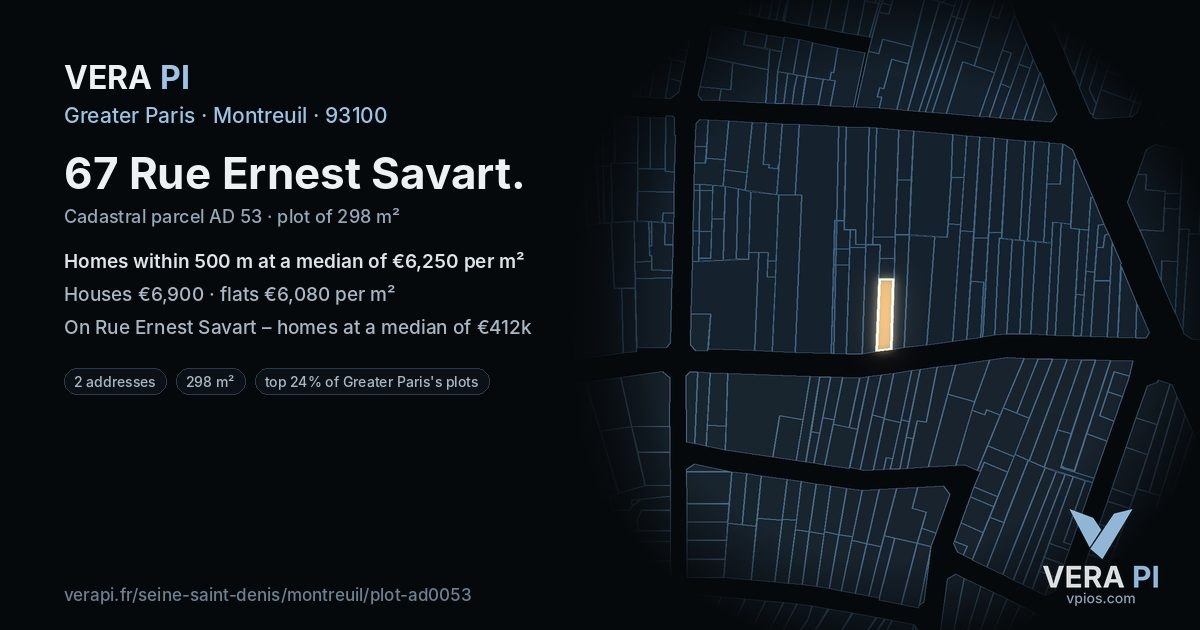 67 Rue Ernest Savart, Montreuil at night – the plot lit, the parcels around coloured by the prices near them