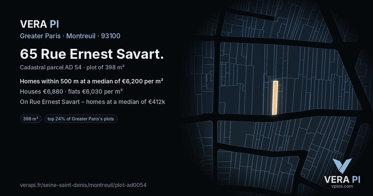 65 Rue Ernest Savart, Montreuil at night – the plot lit, the parcels around coloured by the prices near them