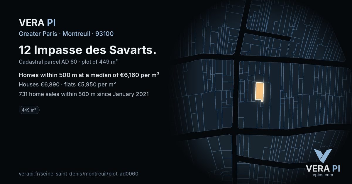 12 Impasse des Savarts, Montreuil at night – the plot lit, the parcels around coloured by the prices near them