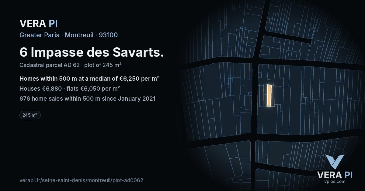 6 Impasse des Savarts, Montreuil at night – the plot lit, the parcels around coloured by the prices near them
