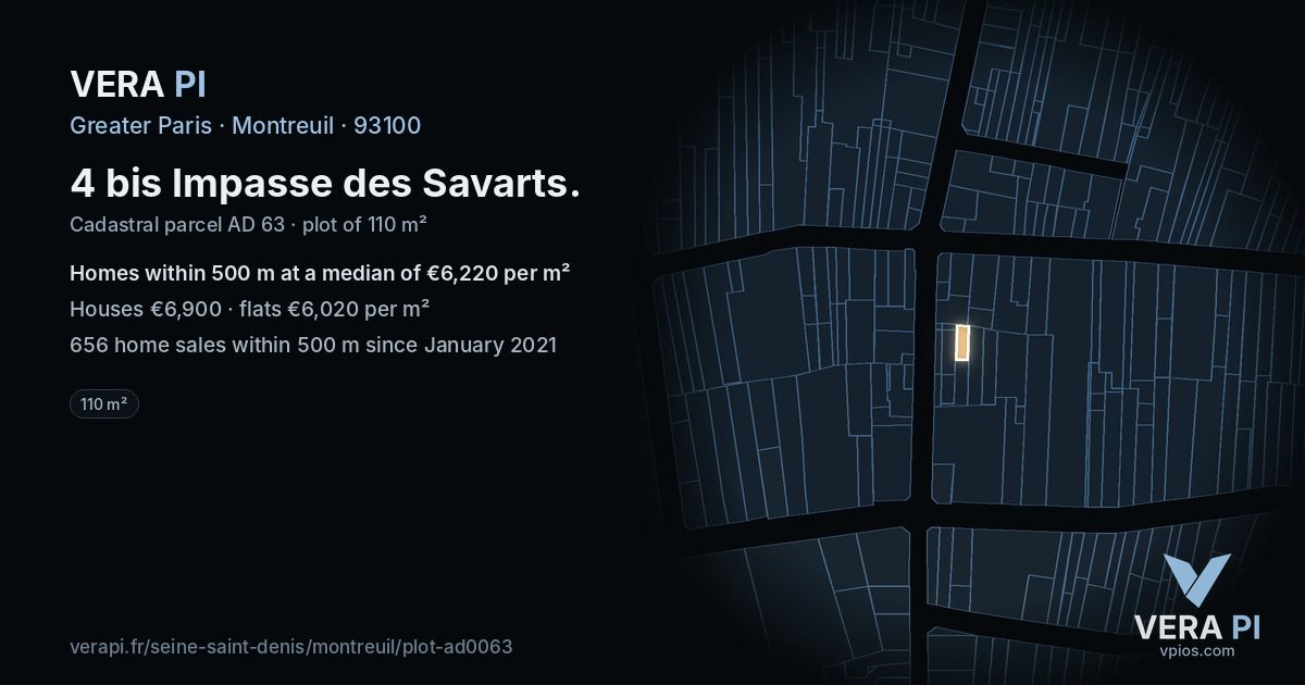 4 bis Impasse des Savarts, Montreuil at night – the plot lit, the parcels around coloured by the prices near them