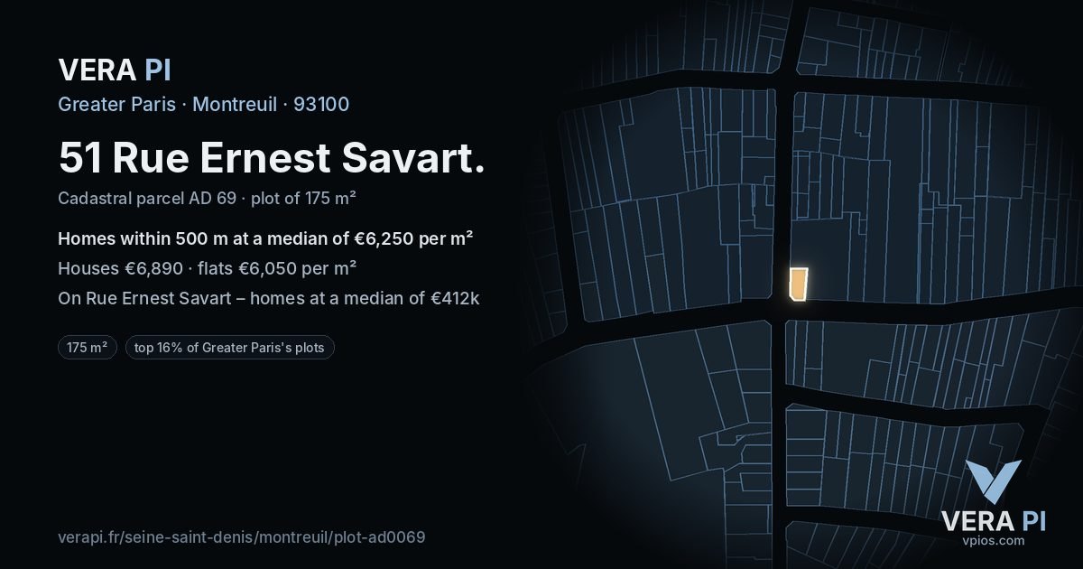 51 Rue Ernest Savart, Montreuil at night – the plot lit, the parcels around coloured by the prices near them