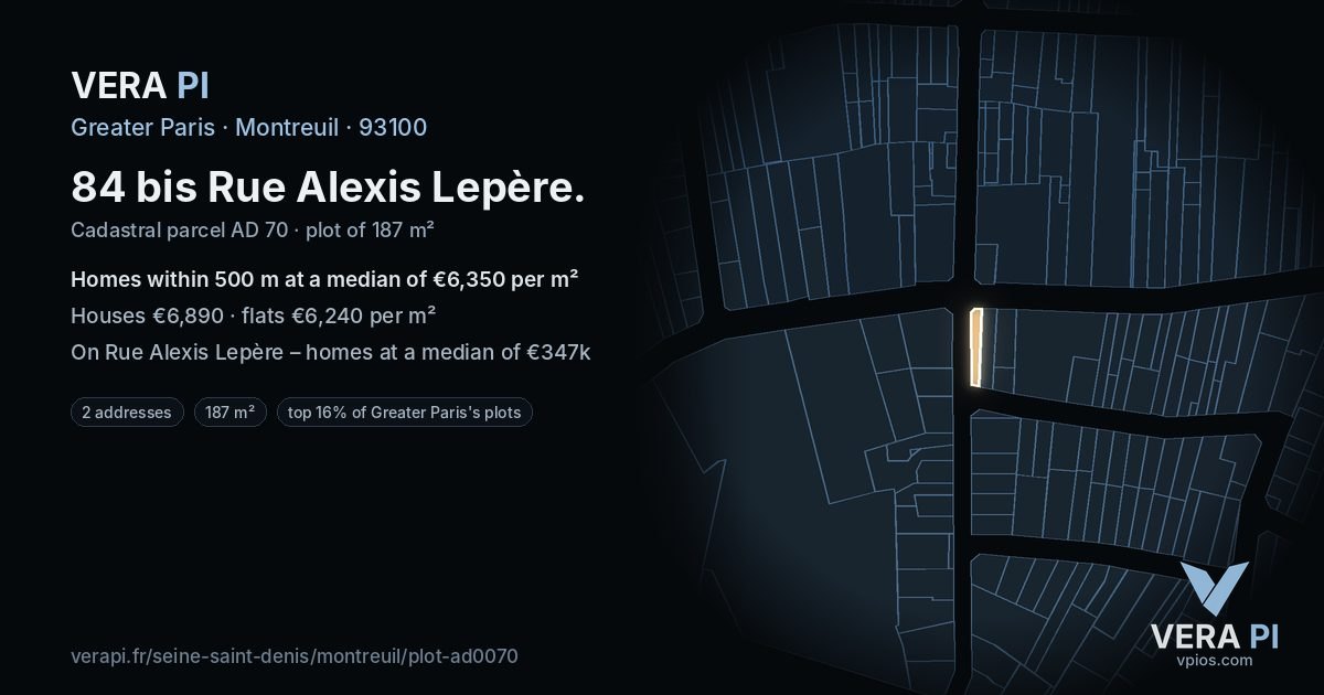 84 bis Rue Alexis Lepère, Montreuil at night – the plot lit, the parcels around coloured by the prices near them