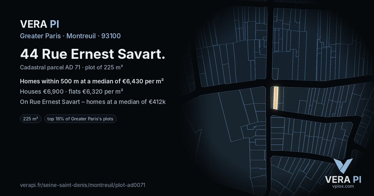 44 Rue Ernest Savart, Montreuil at night – the plot lit, the parcels around coloured by the prices near them