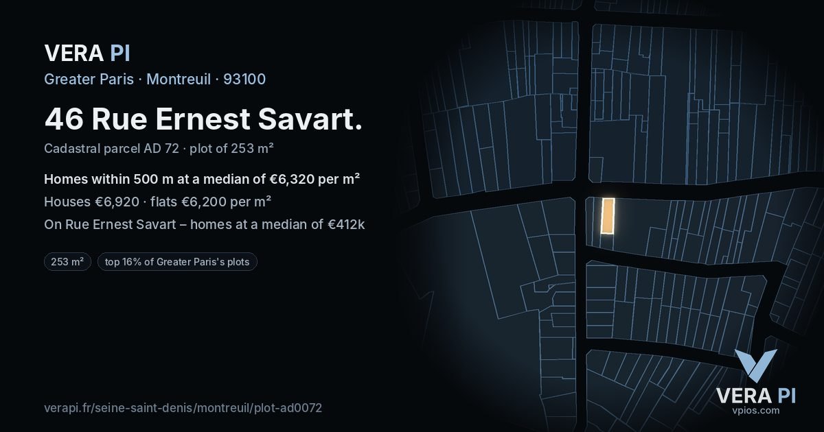 46 Rue Ernest Savart, Montreuil at night – the plot lit, the parcels around coloured by the prices near them