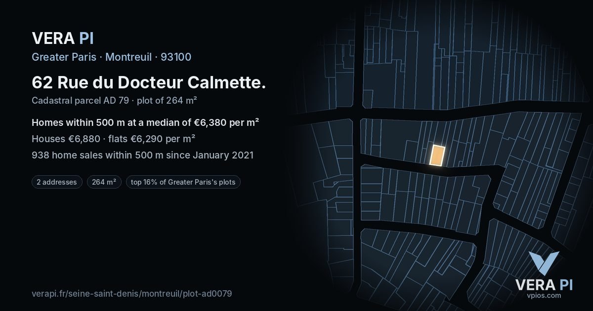 62 Rue du Docteur Calmette, Montreuil at night – the plot lit, the parcels around coloured by the prices near them