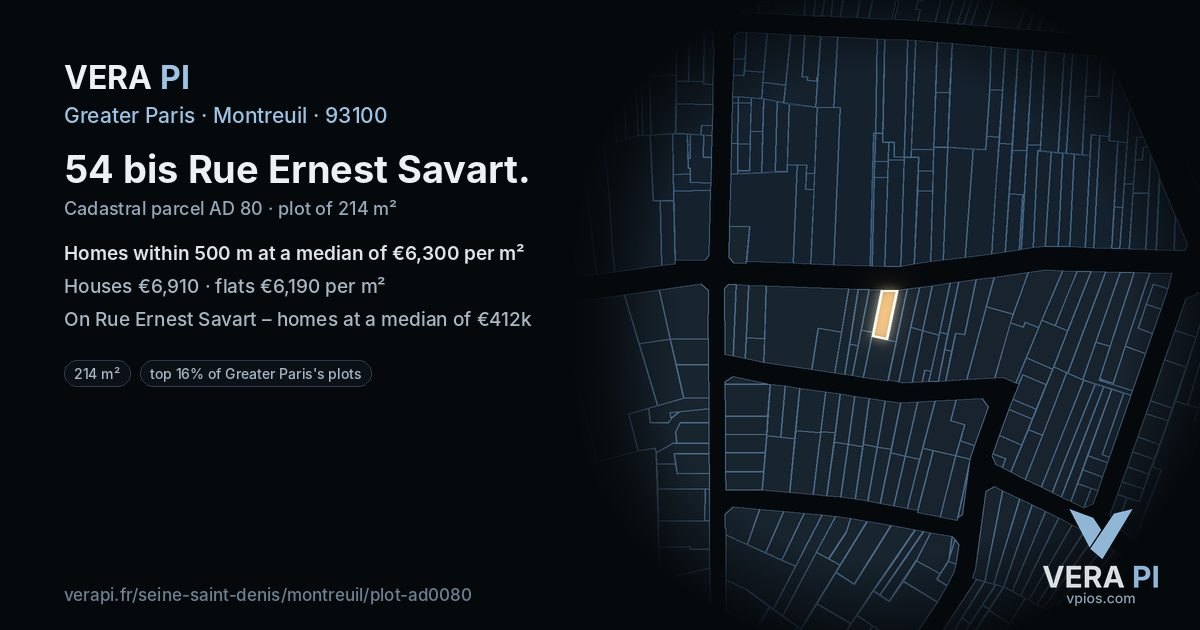 54 bis Rue Ernest Savart, Montreuil at night – the plot lit, the parcels around coloured by the prices near them
