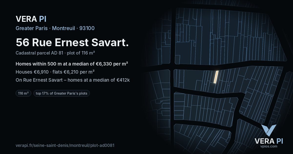 56 Rue Ernest Savart, Montreuil at night – the plot lit, the parcels around coloured by the prices near them