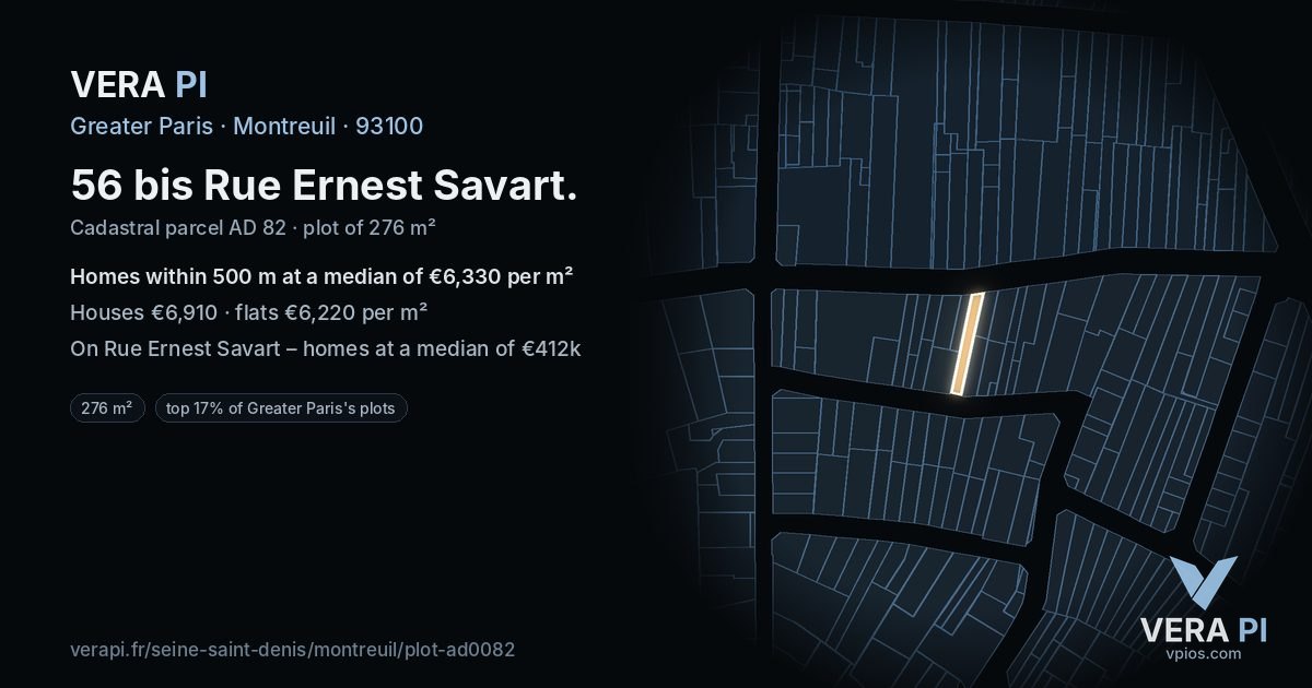 56 bis Rue Ernest Savart, Montreuil at night – the plot lit, the parcels around coloured by the prices near them