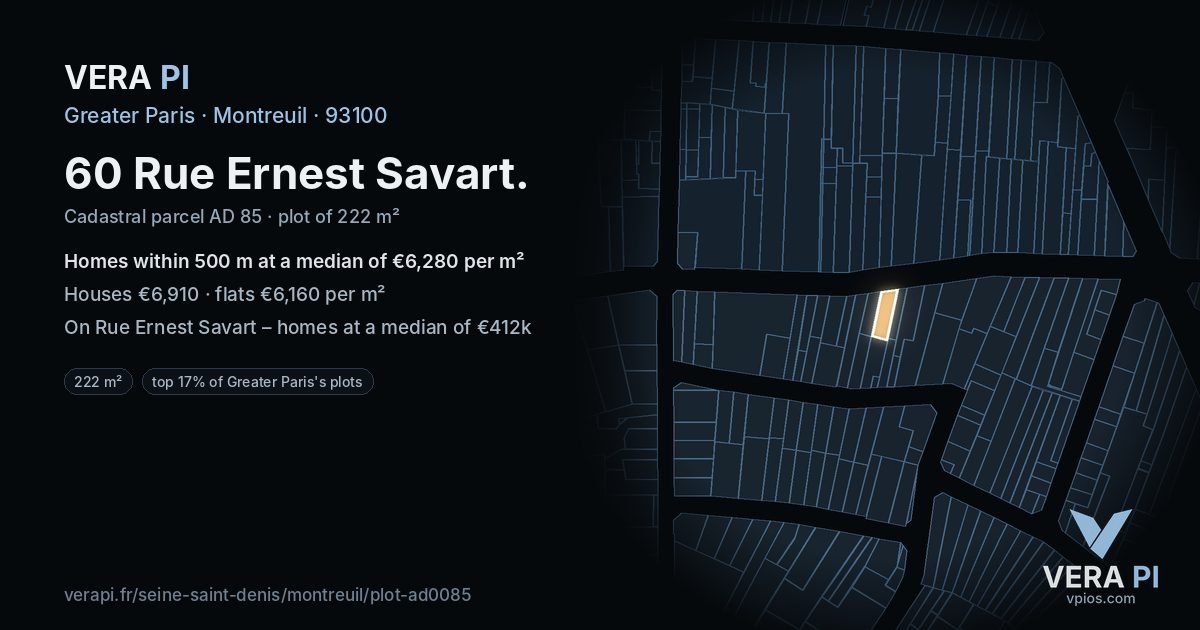 60 Rue Ernest Savart, Montreuil at night – the plot lit, the parcels around coloured by the prices near them