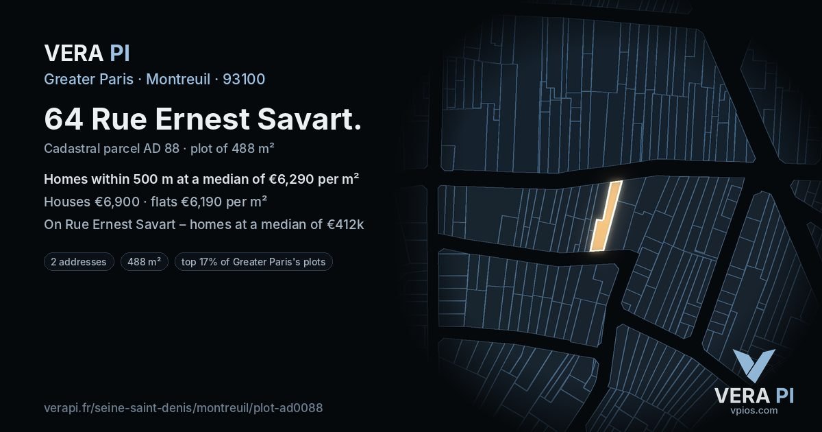 64 Rue Ernest Savart, Montreuil at night – the plot lit, the parcels around coloured by the prices near them