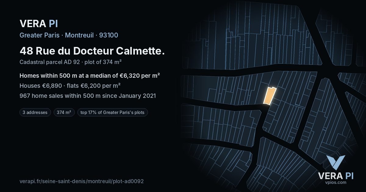 48 Rue du Docteur Calmette, Montreuil at night – the plot lit, the parcels around coloured by the prices near them