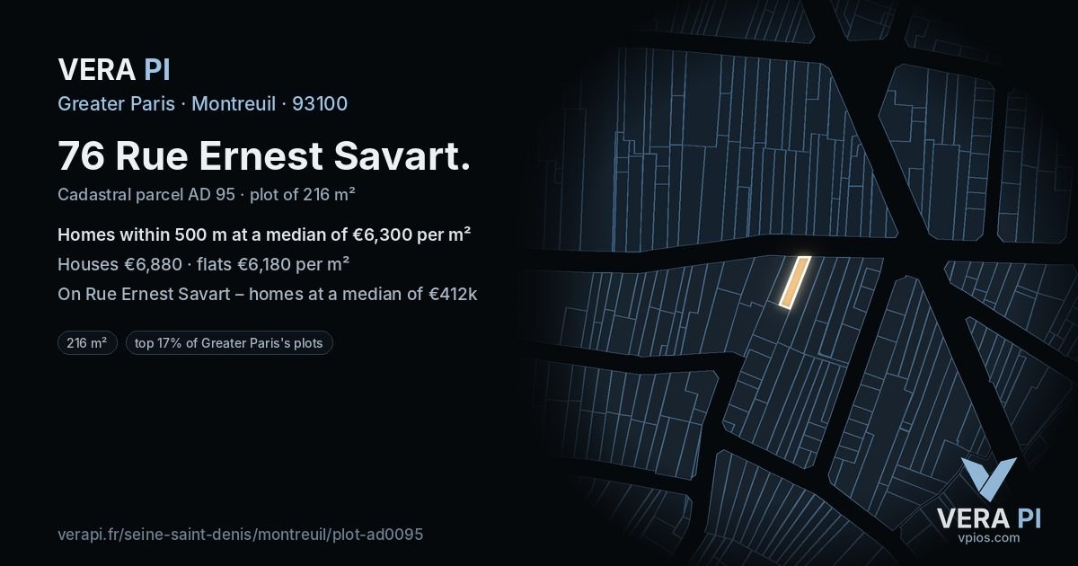 76 Rue Ernest Savart, Montreuil at night – the plot lit, the parcels around coloured by the prices near them